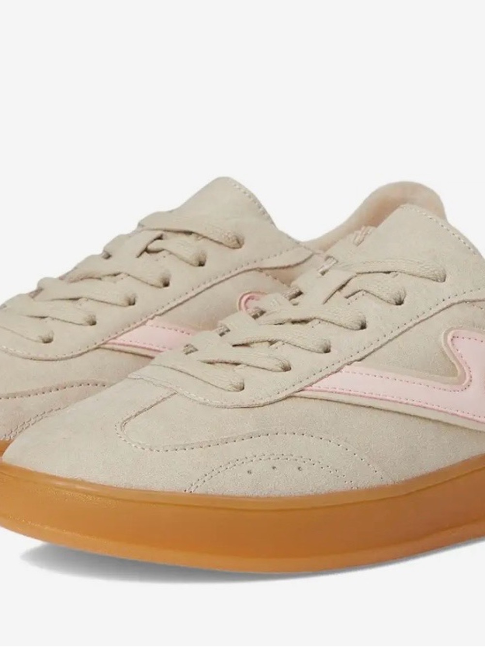 #81 MADDEN GIRL  Neutral Suede Sneakers with Pink Stripe and Gum Sole